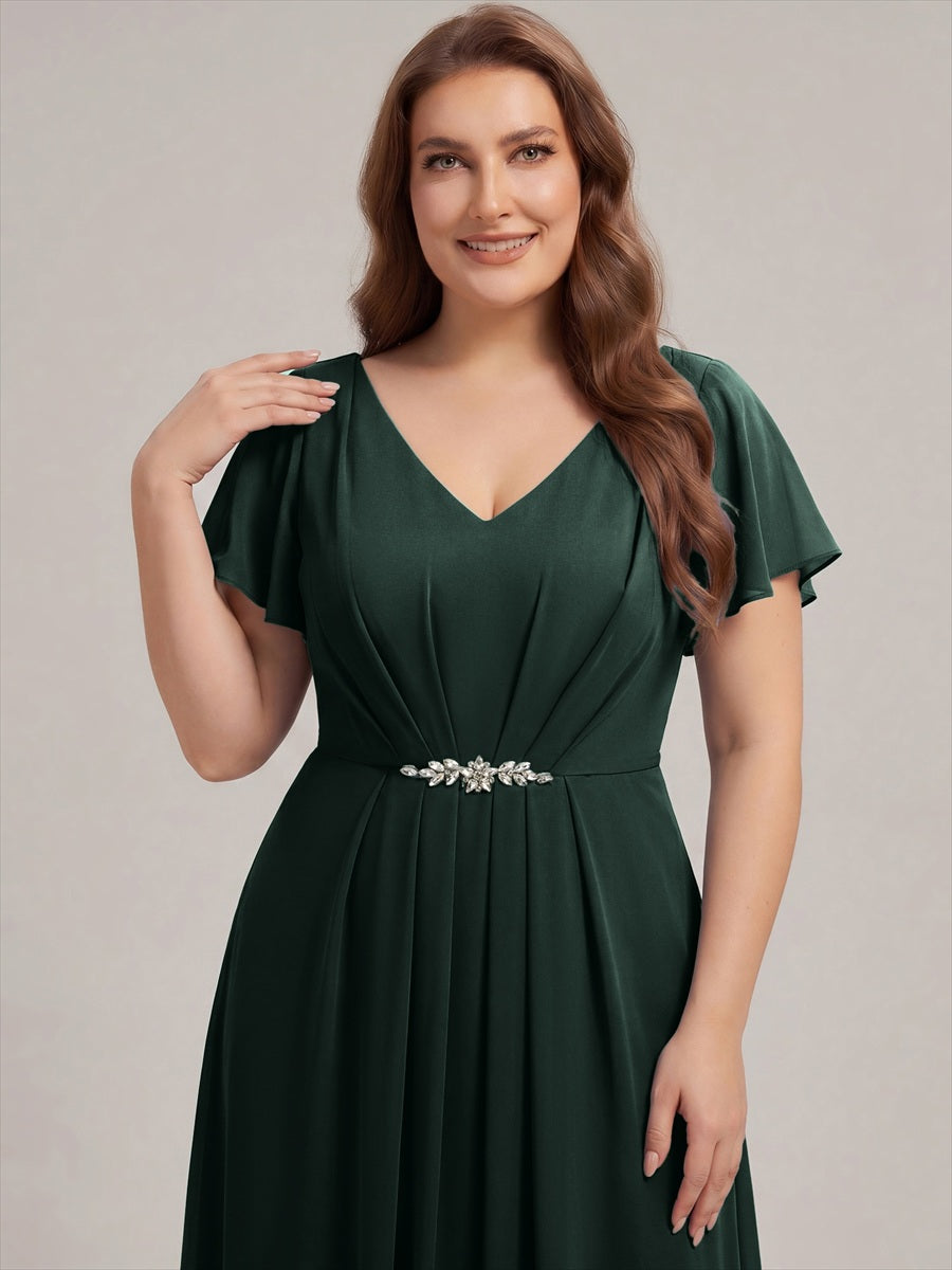 Kn?chellang V-Ausschnitt A-Line Chiffon Kleid R¨¹schendetails Strassverzierungen #Farbe_Dunkelwaldgrün