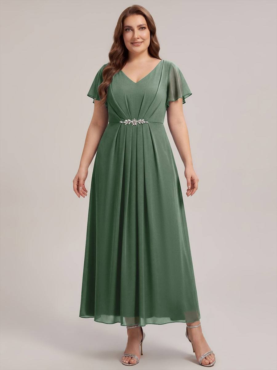 Kn?chellang V-Ausschnitt A-Line Chiffon Kleid R¨¹schendetails Strassverzierungen #Farbe_Eukalyptus