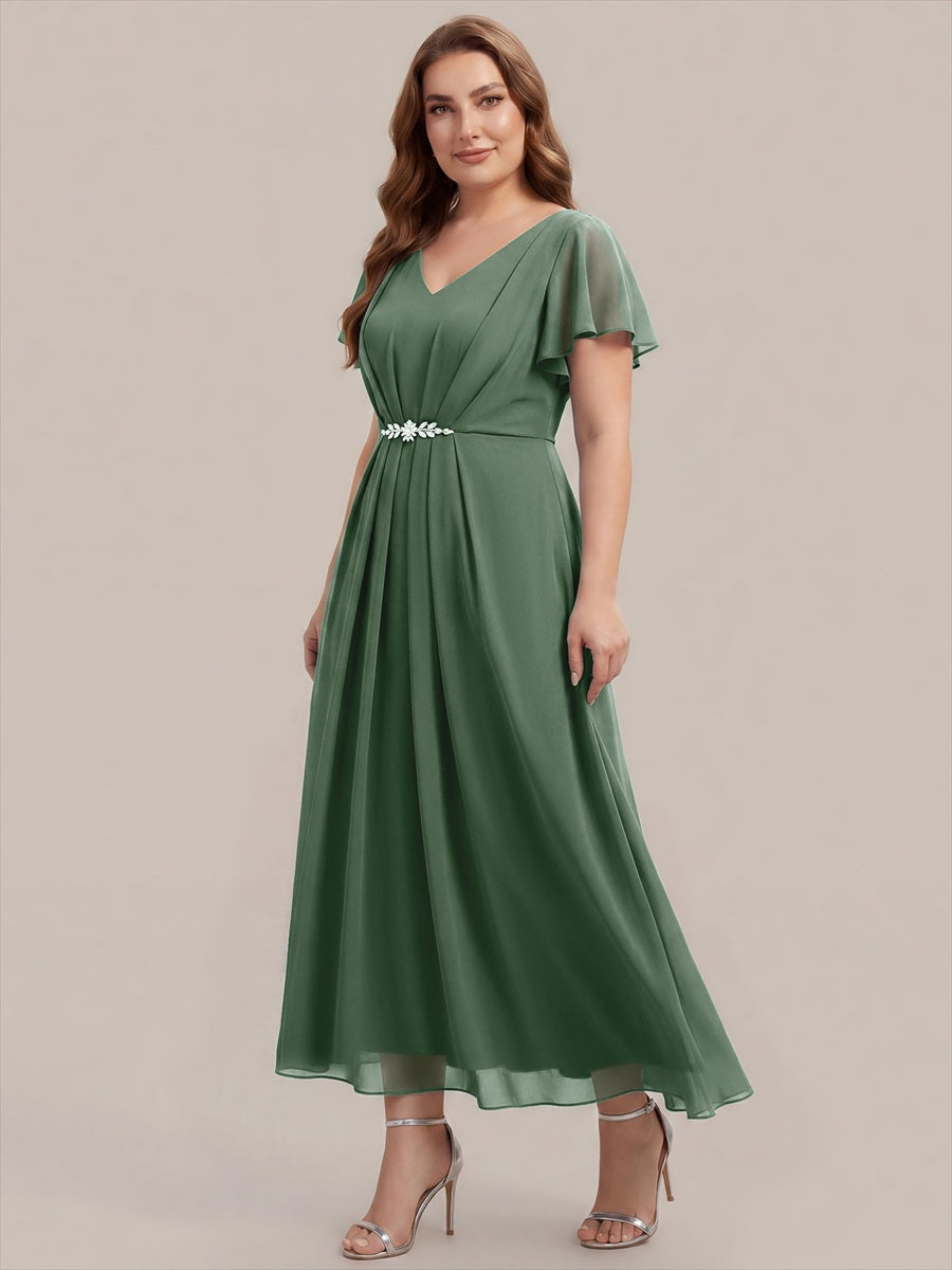 Kn?chellang V-Ausschnitt A-Line Chiffon Kleid R¨¹schendetails Strassverzierungen #Farbe_Eukalyptus
