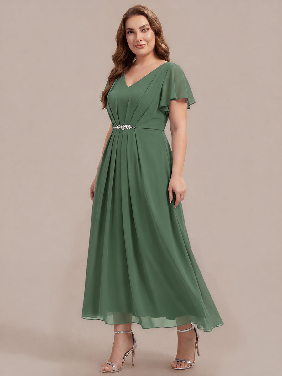 Kn?chellang V-Ausschnitt A-Line Chiffon Kleid R¨¹schendetails Strassverzierungen #Farbe_Eukalyptus