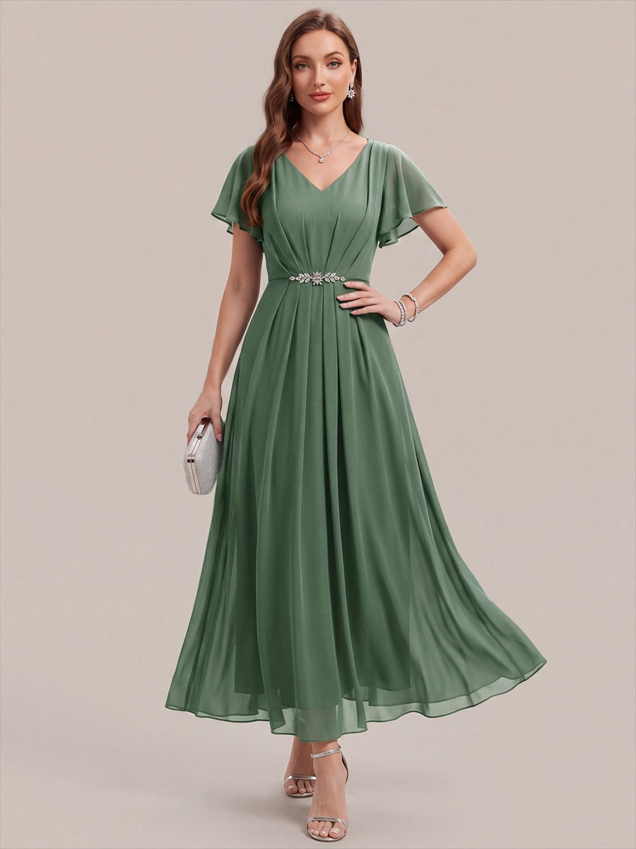 Kn?chellang V-Ausschnitt A-Line Chiffon Kleid R¨¹schendetails Strassverzierungen #Farbe_Eukalyptus