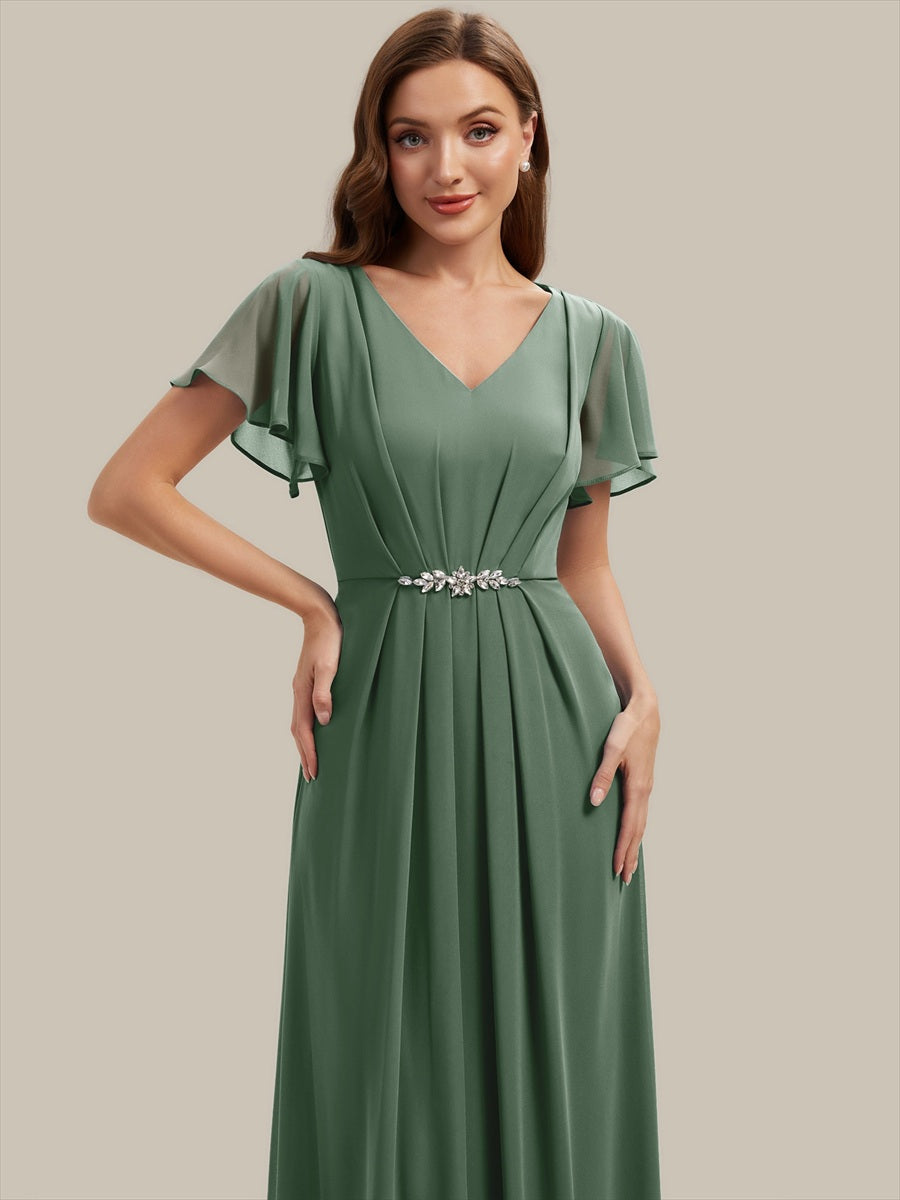 Kn?chellang V-Ausschnitt A-Line Chiffon Kleid R¨¹schendetails Strassverzierungen #Farbe_Eukalyptus