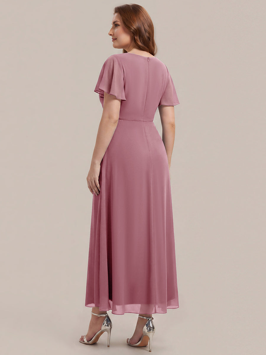 Kn?chellang V-Ausschnitt A-Line Chiffon Kleid R¨¹schendetails Strassverzierungen #Farbe_Orchid