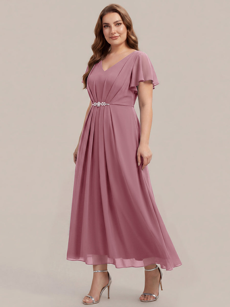 Kn?chellang V-Ausschnitt A-Line Chiffon Kleid R¨¹schendetails Strassverzierungen #Farbe_Orchid