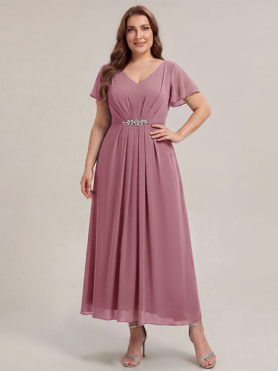 Kn?chellang V-Ausschnitt A-Line Chiffon Kleid R¨¹schendetails Strassverzierungen #Farbe_Orchid