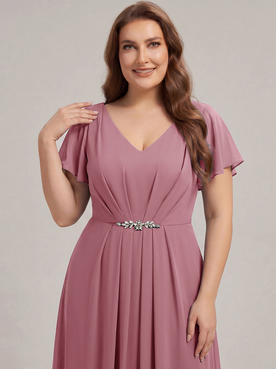Kn?chellang V-Ausschnitt A-Line Chiffon Kleid R¨¹schendetails Strassverzierungen #Farbe_Orchid