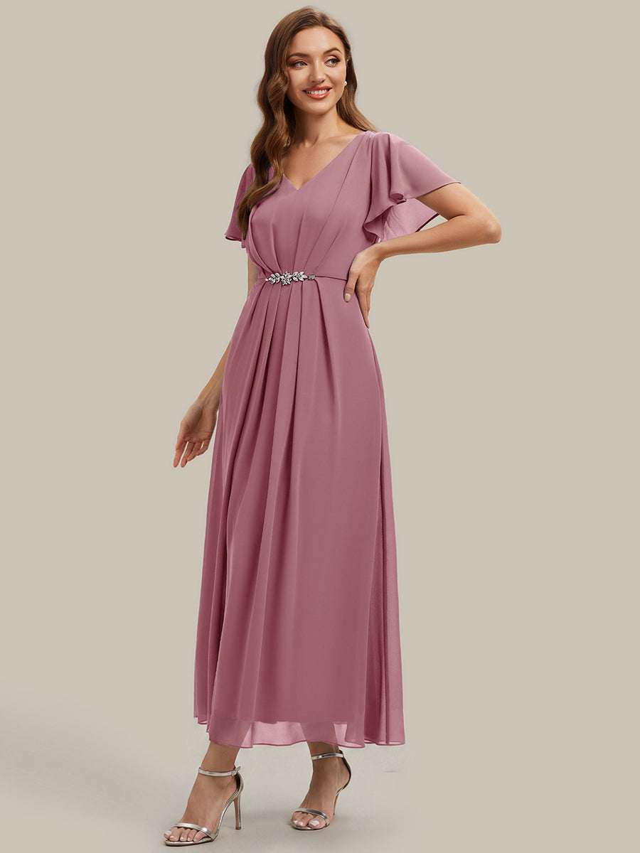 Kn?chellang V-Ausschnitt A-Line Chiffon Kleid R¨¹schendetails Strassverzierungen #Farbe_Orchid