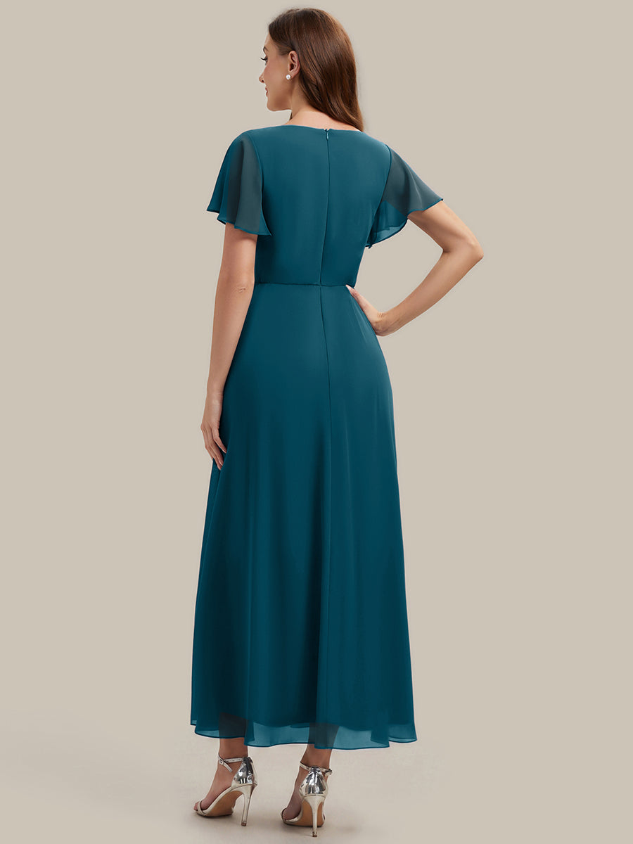 Kn?chellang V-Ausschnitt A-Line Chiffon Kleid R¨¹schendetails Strassverzierungen #Farbe_Petrol