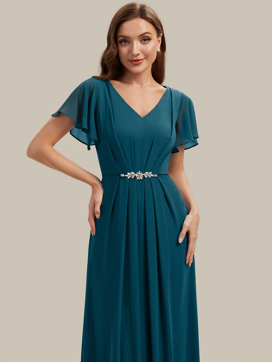 Kn?chellang V-Ausschnitt A-Line Chiffon Kleid R¨¹schendetails Strassverzierungen #Farbe_Petrol