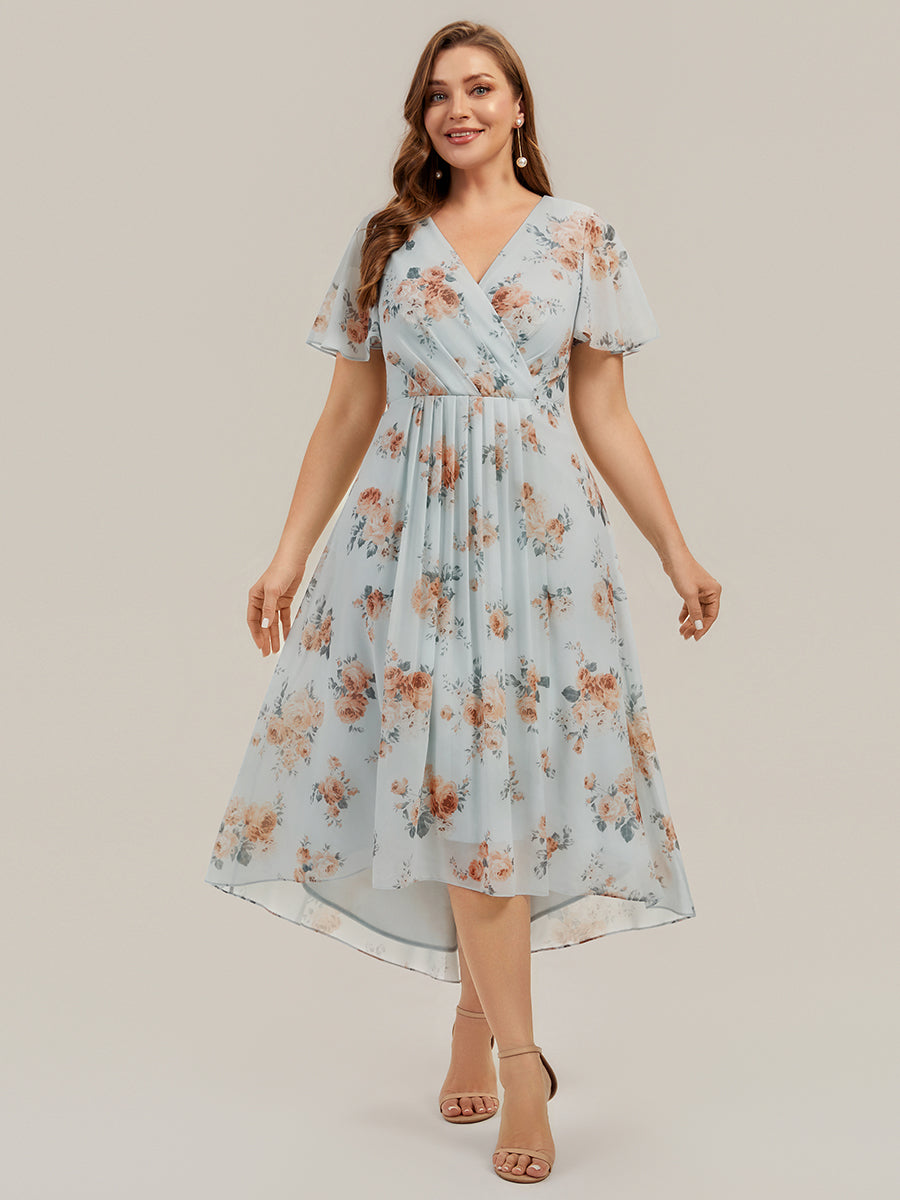Asymmetrischer Saum V-Ausschnitt A-Linie Chiffon Kleid R¨¹schendetails Gepunkteter Druck #Farbe_Bernstein