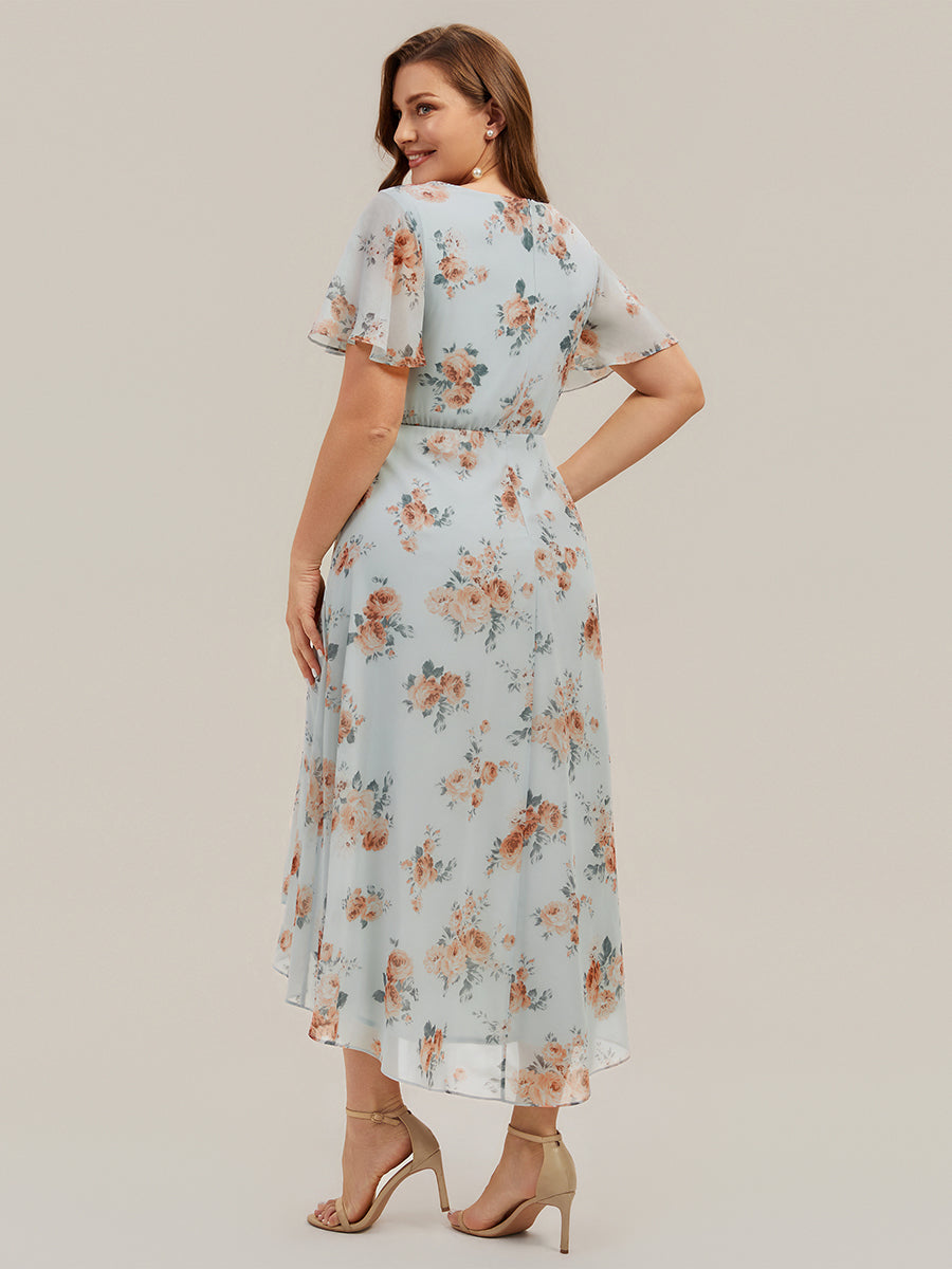 Asymmetrischer Saum V-Ausschnitt A-Linie Chiffon Kleid R¨¹schendetails Gepunkteter Druck #Farbe_Bernstein