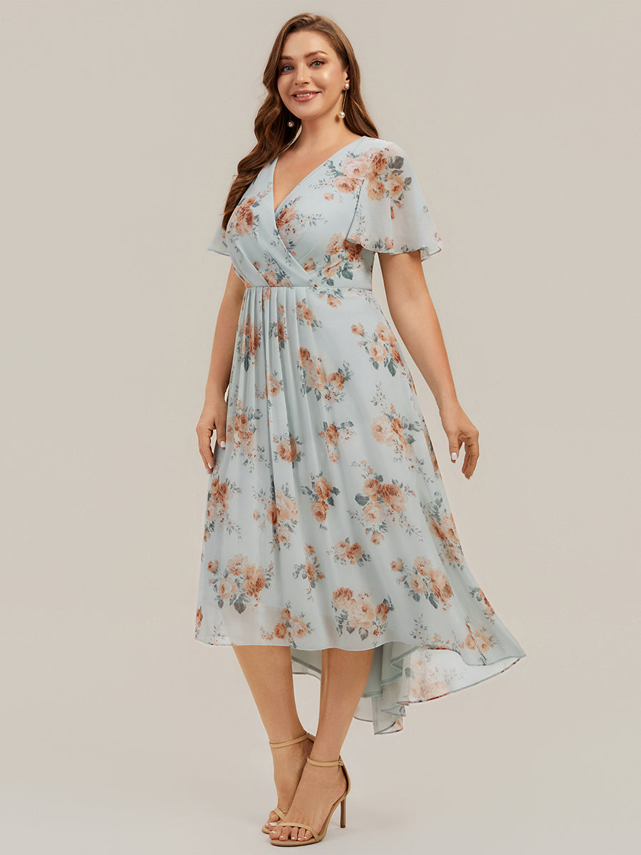 Asymmetrischer Saum V-Ausschnitt A-Linie Chiffon Kleid R¨¹schendetails Gepunkteter Druck #Farbe_Bernstein