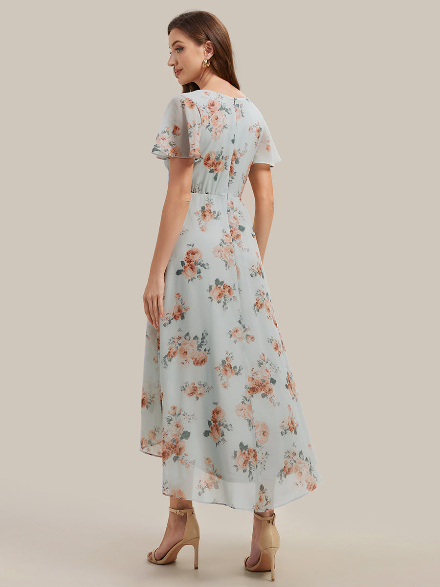 Asymmetrischer Saum V-Ausschnitt A-Linie Chiffon Kleid R¨¹schendetails Gepunkteter Druck #Farbe_Bernstein