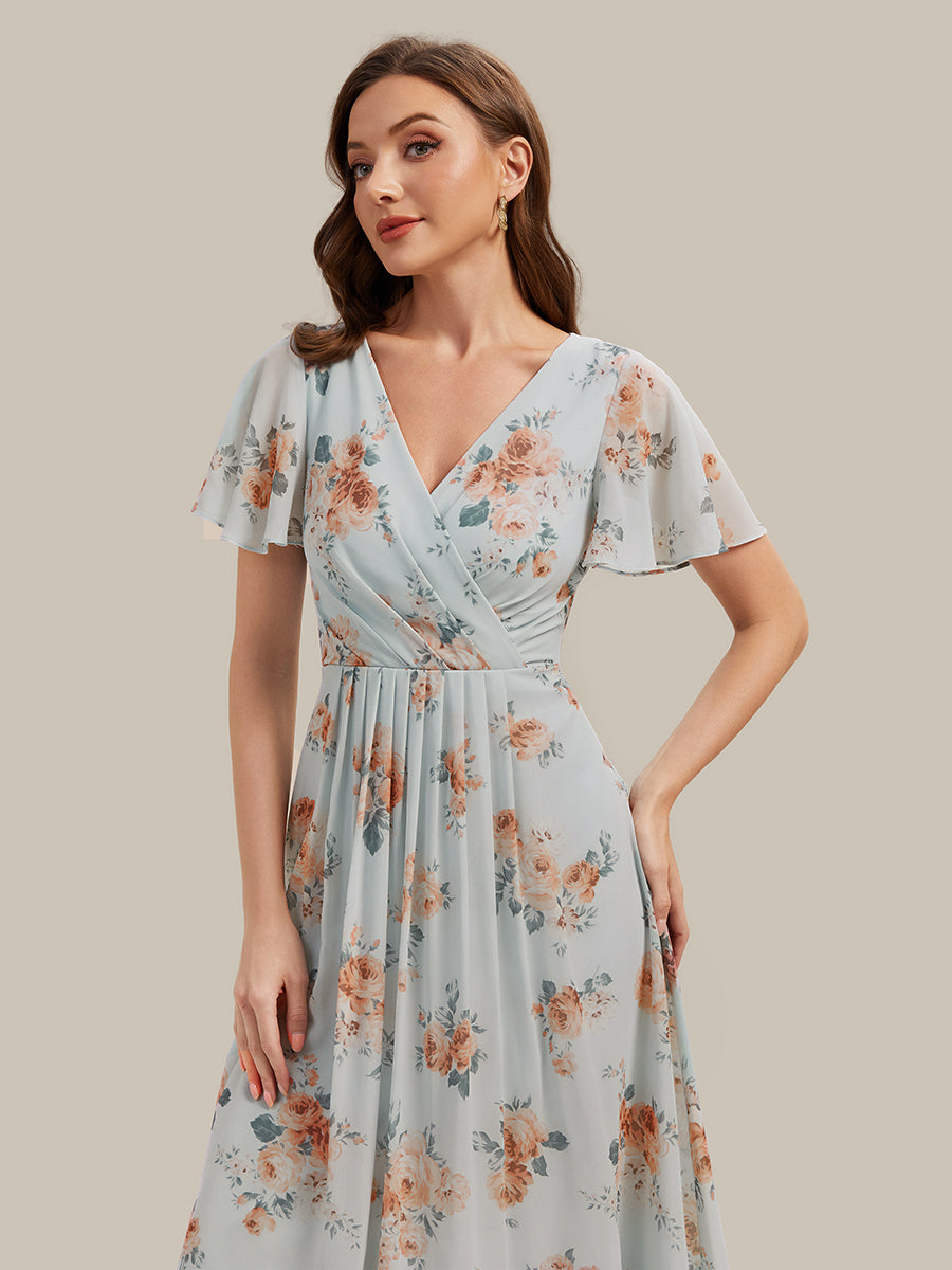 Asymmetrischer Saum V-Ausschnitt A-Linie Chiffon Kleid R¨¹schendetails Gepunkteter Druck #Farbe_Bernstein