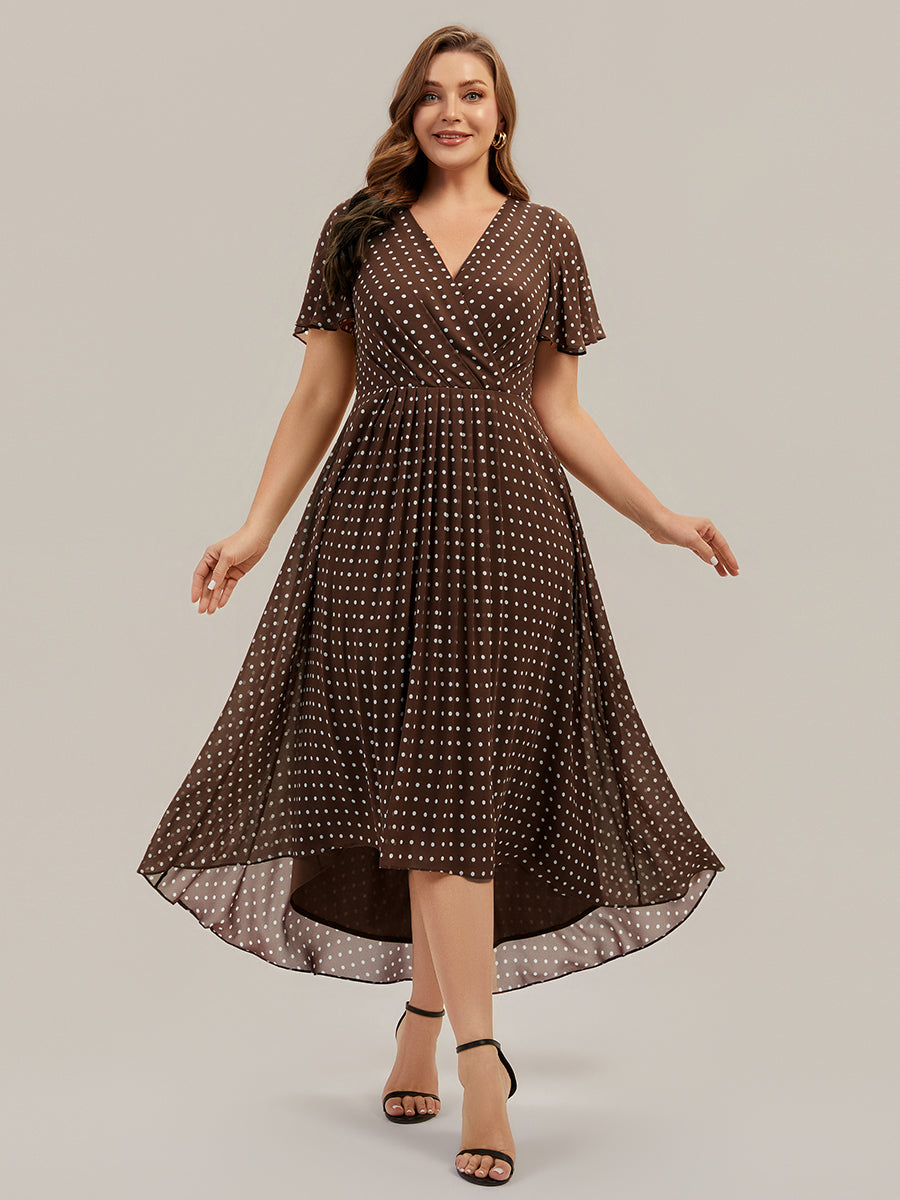Asymmetrischer Saum V-Ausschnitt A-Linie Chiffon Kleid R¨¹schendetails Gepunkteter Druck #Farbe_Braune Punkte