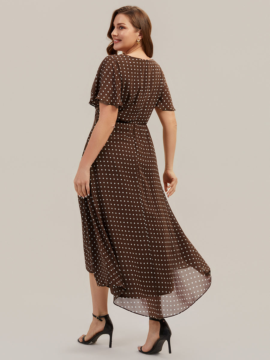 Asymmetrischer Saum V-Ausschnitt A-Linie Chiffon Kleid R¨¹schendetails Gepunkteter Druck #Farbe_Braune Punkte