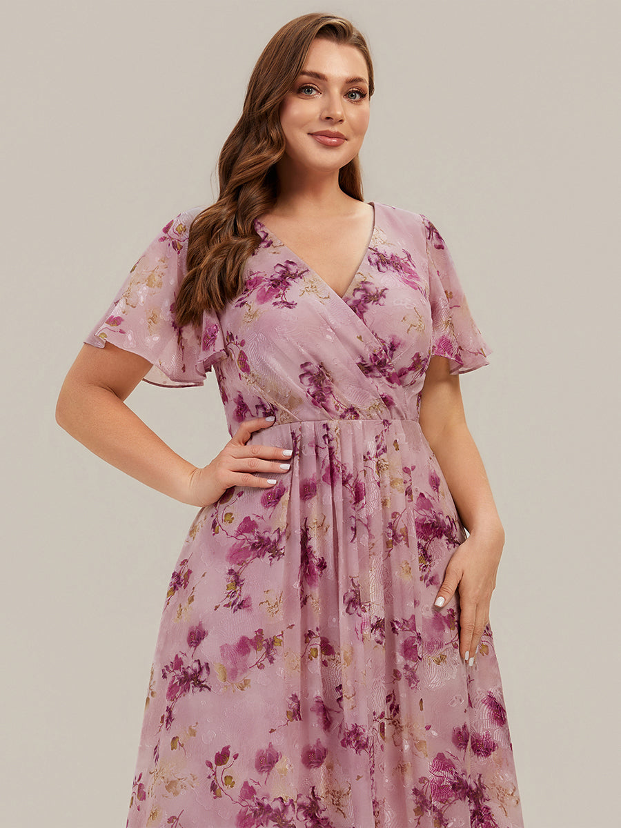 Asymmetrischer Saum V-Ausschnitt A-Linie Chiffon Kleid R¨¹schendetails Gepunkteter Druck #Farbe_Helllila mit Print