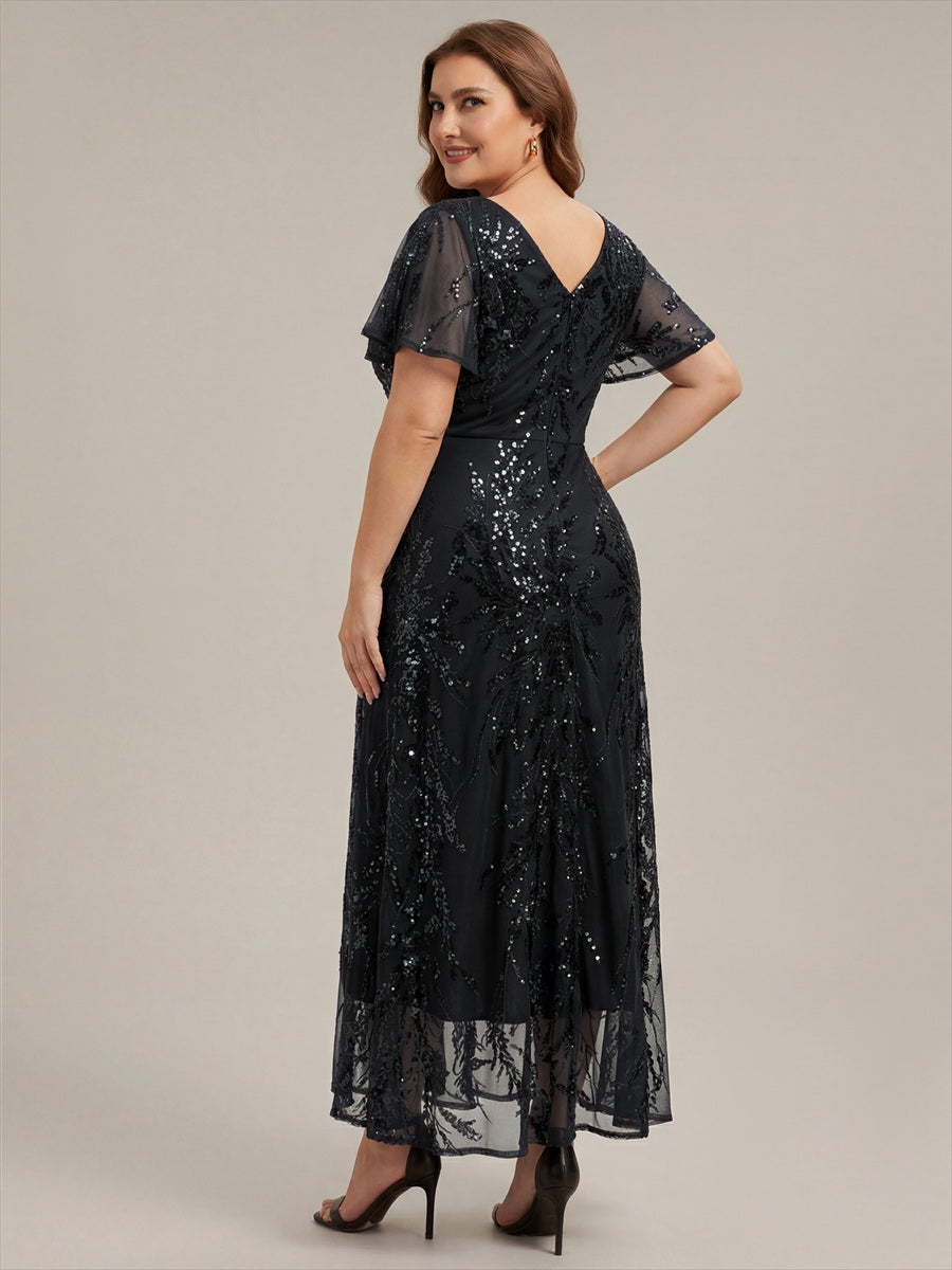 Asymmetrischer Saum V Neck Kleid Pailletten R¨¹schen Glitzerndes Design #Farbe_Schwarz