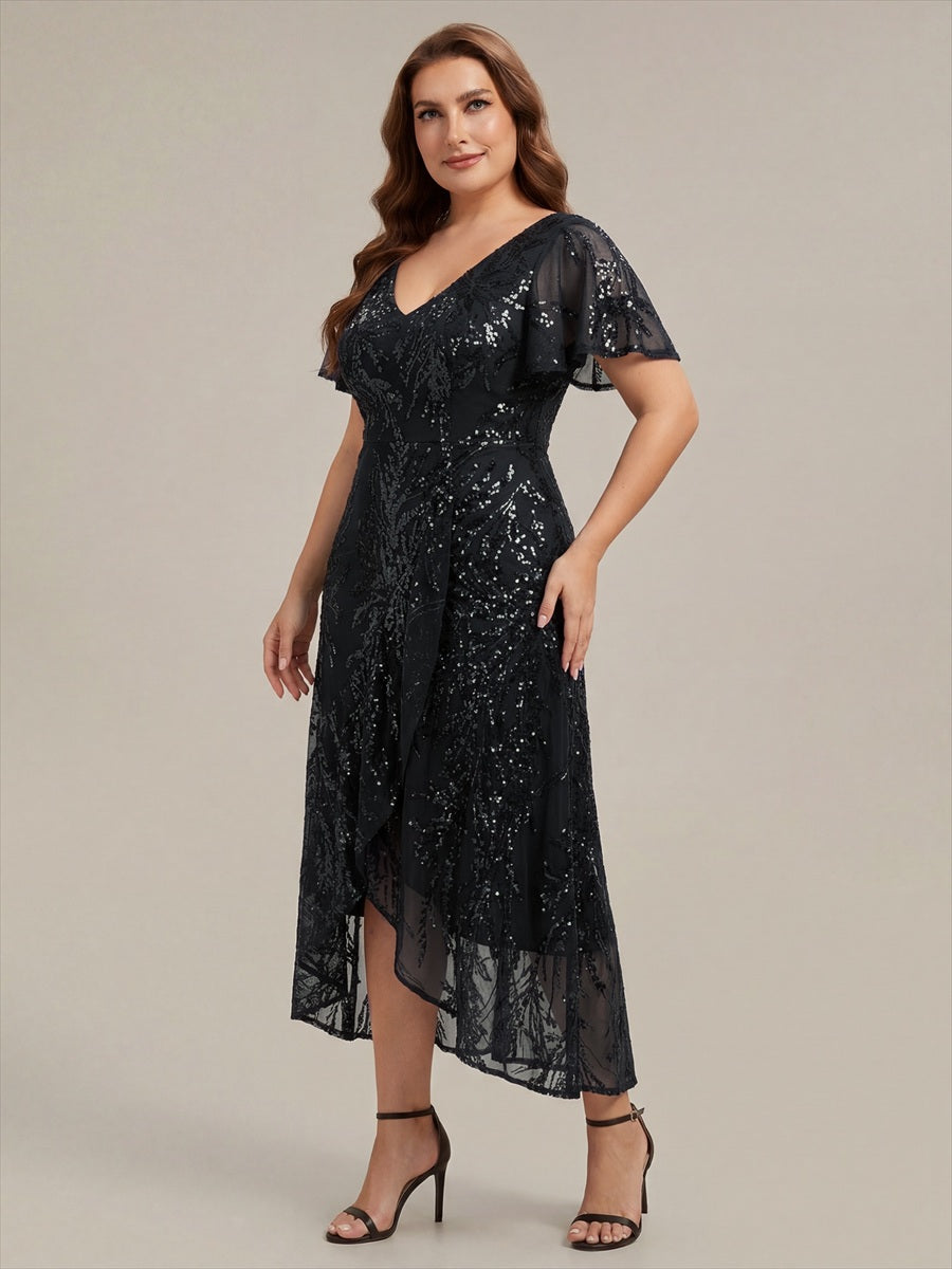 Asymmetrischer Saum V Neck Kleid Pailletten R¨¹schen Glitzerndes Design #Farbe_Schwarz
