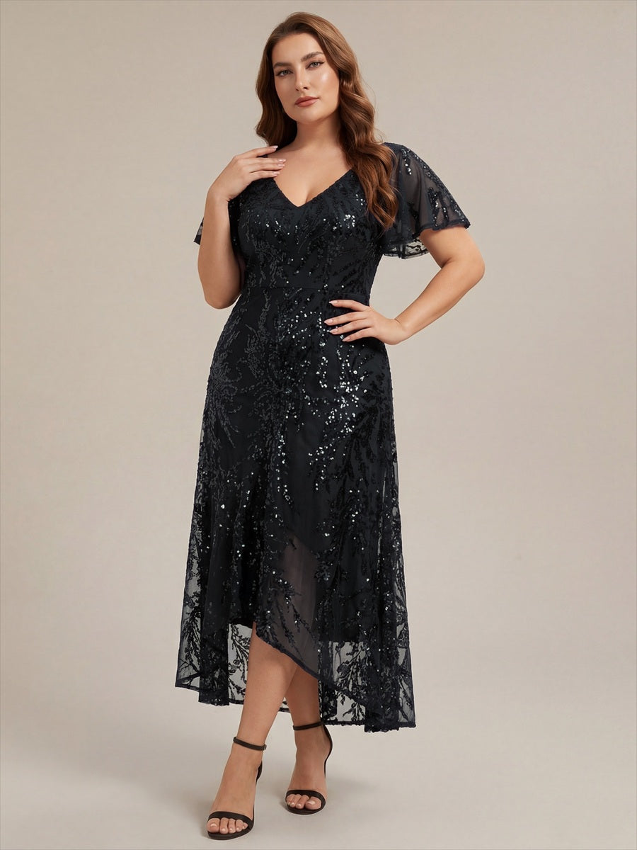 Asymmetrischer Saum V Neck Kleid Pailletten R¨¹schen Glitzerndes Design #Farbe_Schwarz