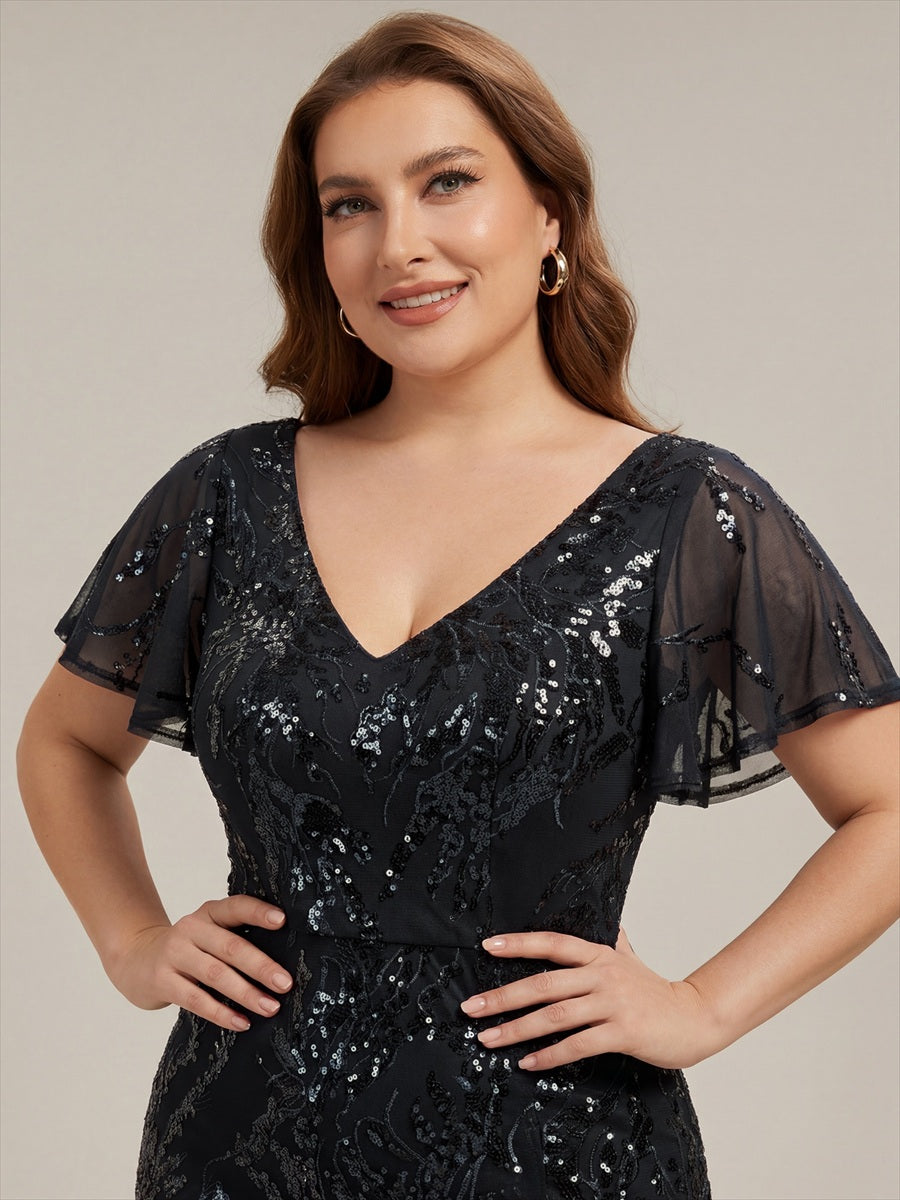 Asymmetrischer Saum V Neck Kleid Pailletten R¨¹schen Glitzerndes Design #Farbe_Schwarz