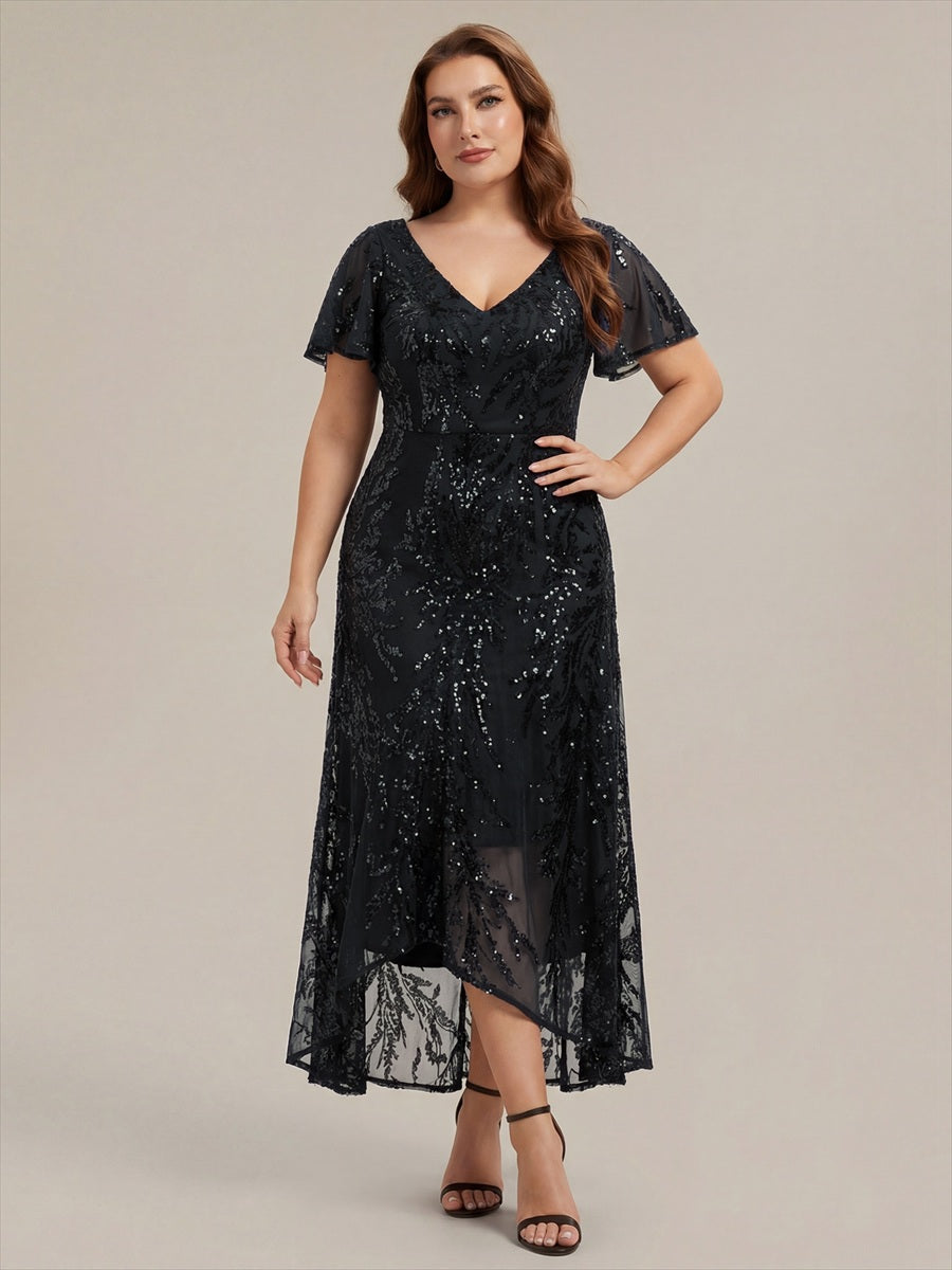 Asymmetrischer Saum V Neck Kleid Pailletten R¨¹schen Glitzerndes Design #Farbe_Schwarz