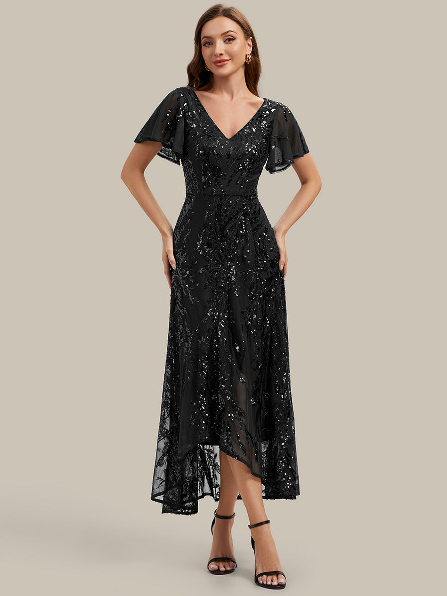 Asymmetrischer Saum V Neck Kleid Pailletten R¨¹schen Glitzerndes Design #Farbe_Schwarz