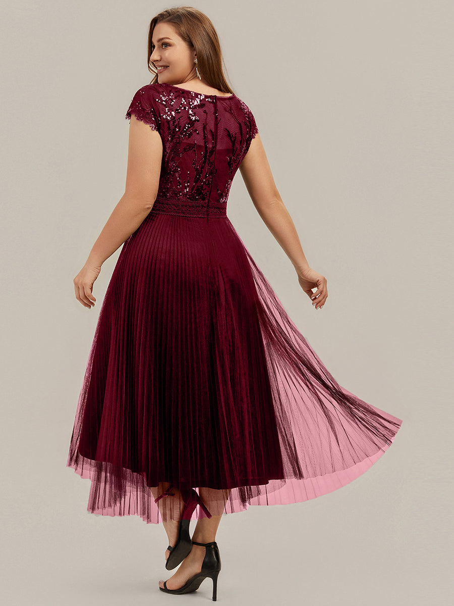 Tea L?nge Rundhals A Linie Pailletten Kleid Mit Sonnenstrahlen Falten Und Durchsichtigen Details Kleid #Farbe_Burgunderrot