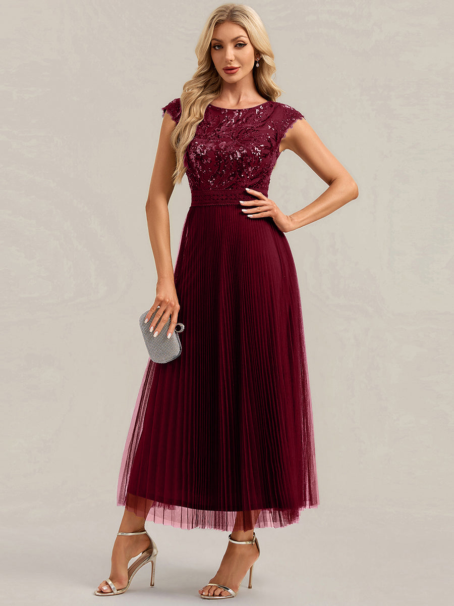 Tea L?nge Rundhals A Linie Pailletten Kleid Mit Sonnenstrahlen Falten Und Durchsichtigen Details Kleid #Farbe_Burgunderrot