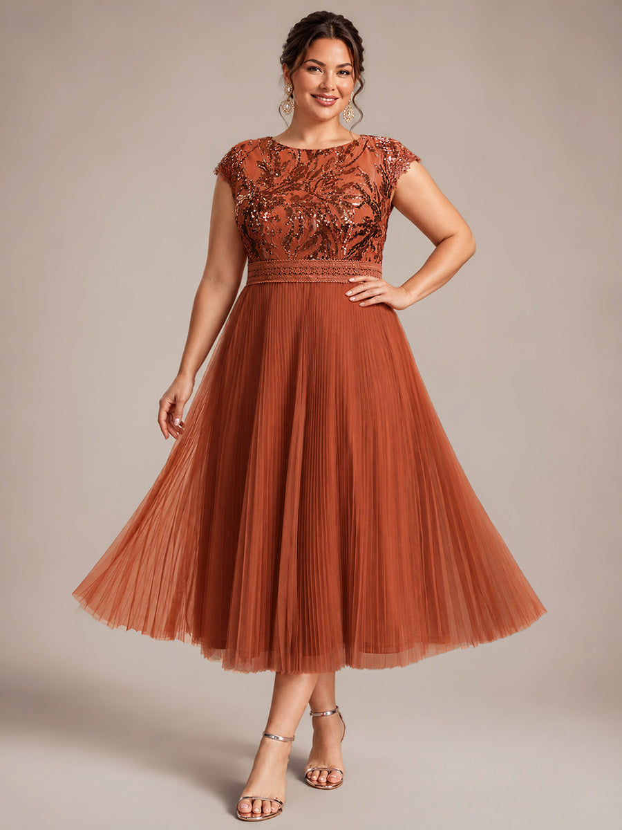 Tea L?nge Rundhals A Linie Pailletten Kleid Mit Sonnenstrahlen Falten Und Durchsichtigen Details Kleid #Farbe_Gebranntes Orange