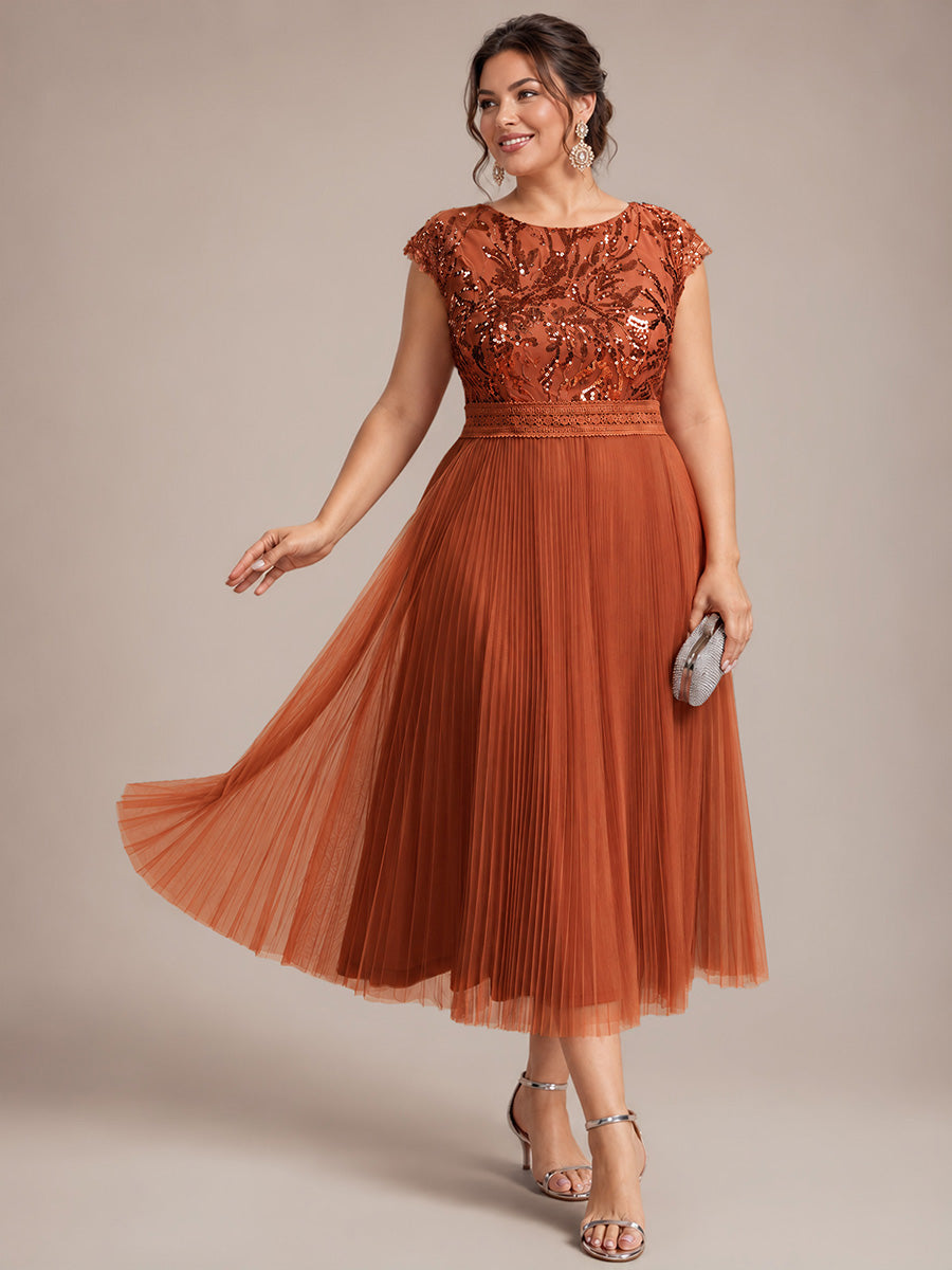 Tea L?nge Rundhals A Linie Pailletten Kleid Mit Sonnenstrahlen Falten Und Durchsichtigen Details Kleid #Farbe_Gebranntes Orange