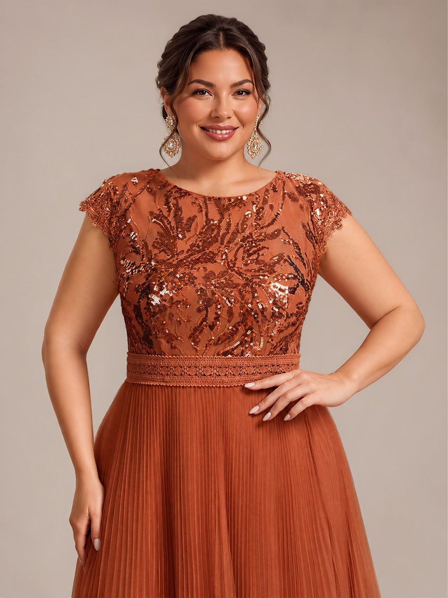 Tea L?nge Rundhals A Linie Pailletten Kleid Mit Sonnenstrahlen Falten Und Durchsichtigen Details Kleid #Farbe_Gebranntes Orange