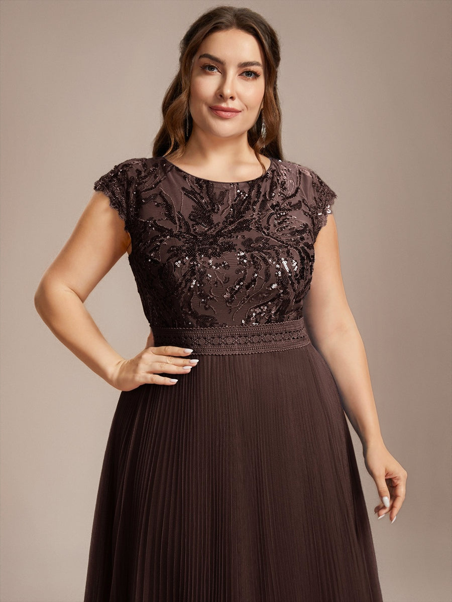 Tea L?nge Rundhals A Linie Pailletten Kleid Mit Sonnenstrahlen Falten Und Durchsichtigen Details Kleid #Farbe_Schokoladenbraun