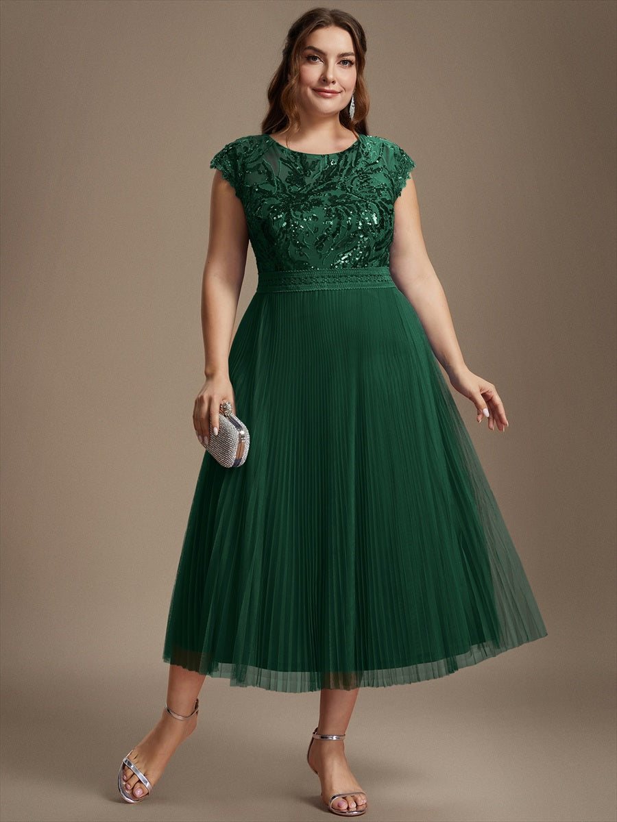 Tea L?nge Rundhals A Linie Pailletten Kleid Mit Sonnenstrahlen Falten Und Durchsichtigen Details Kleid #Farbe_Dunkelgrün