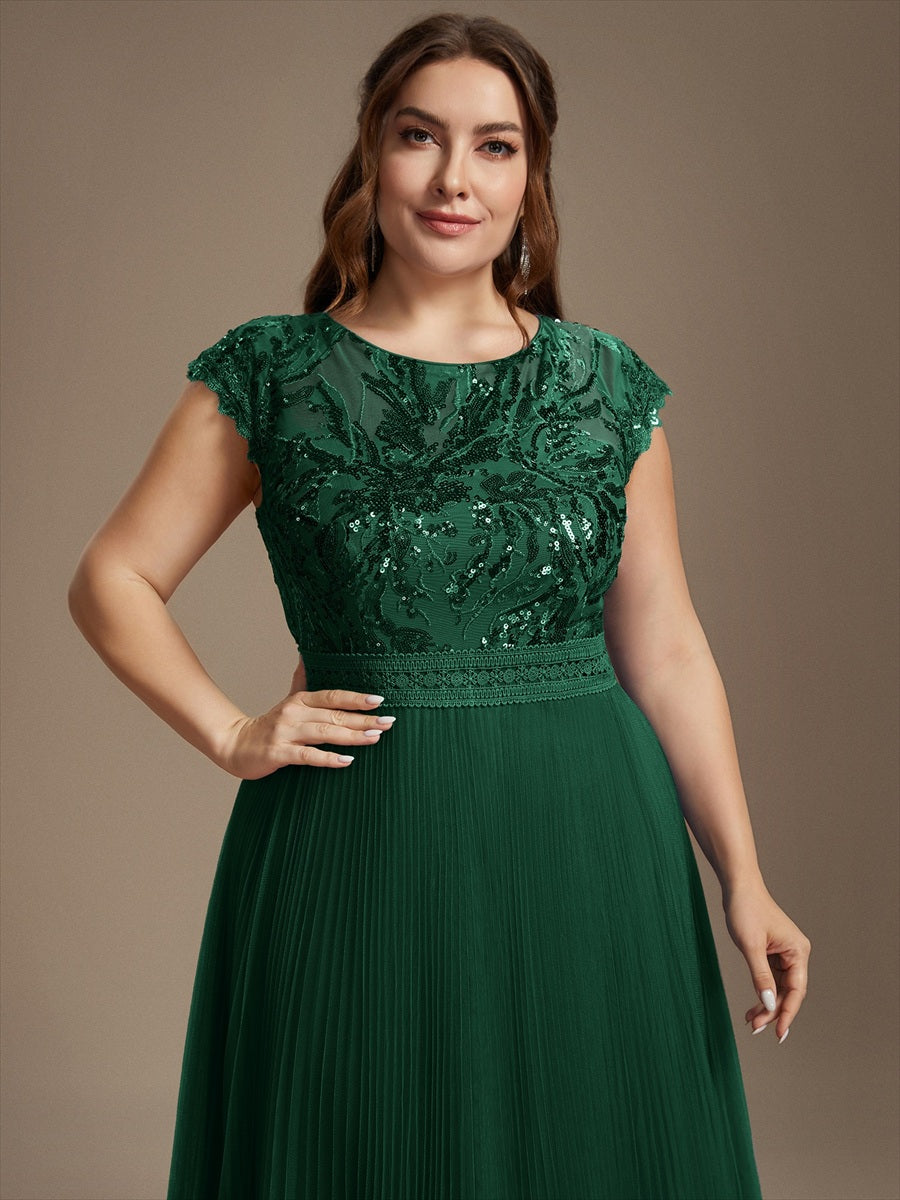 Tea L?nge Rundhals A Linie Pailletten Kleid Mit Sonnenstrahlen Falten Und Durchsichtigen Details Kleid #Farbe_Dunkelgrün