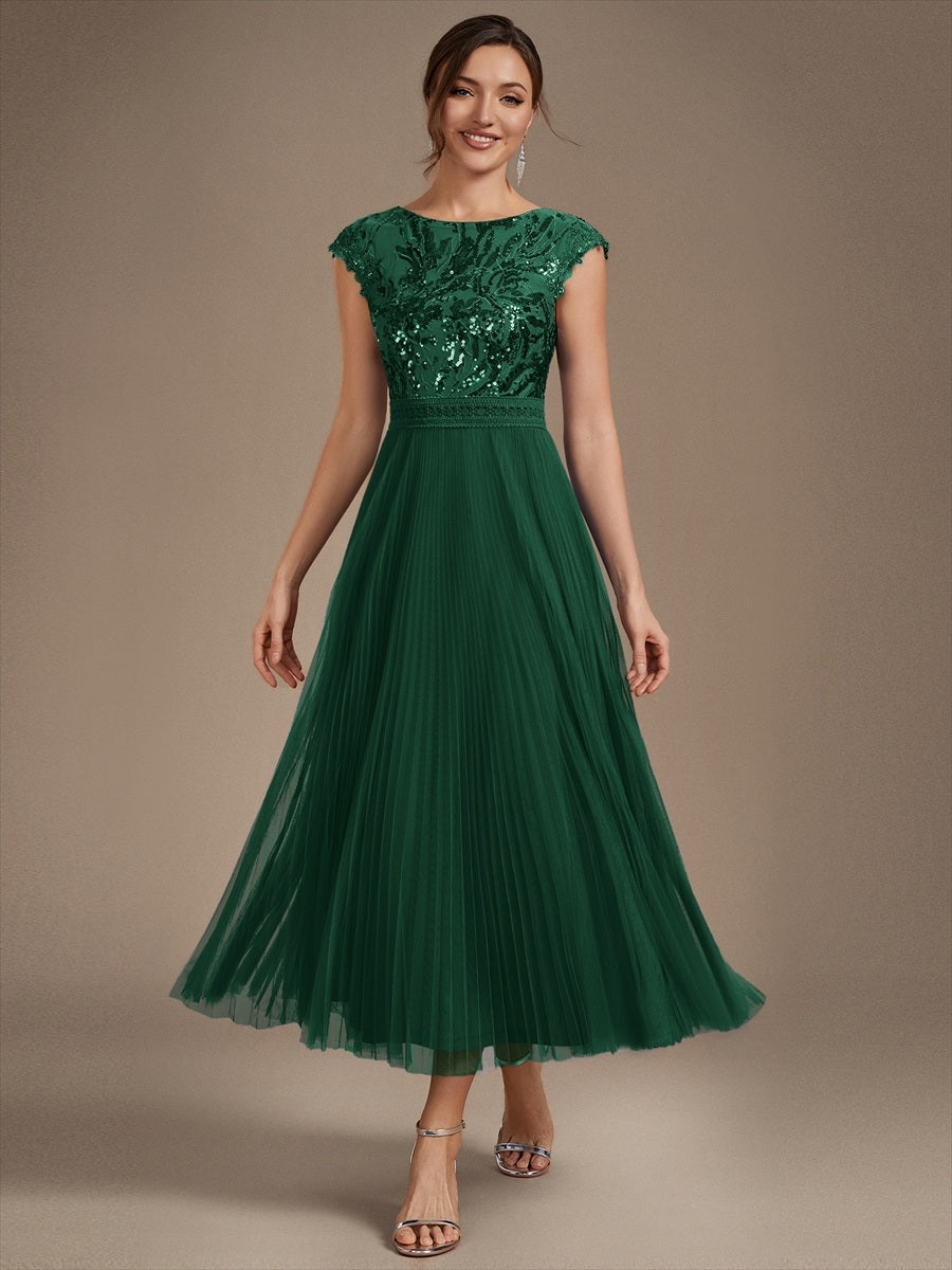 Tea L?nge Rundhals A Linie Pailletten Kleid Mit Sonnenstrahlen Falten Und Durchsichtigen Details Kleid #Farbe_Dunkelgrün