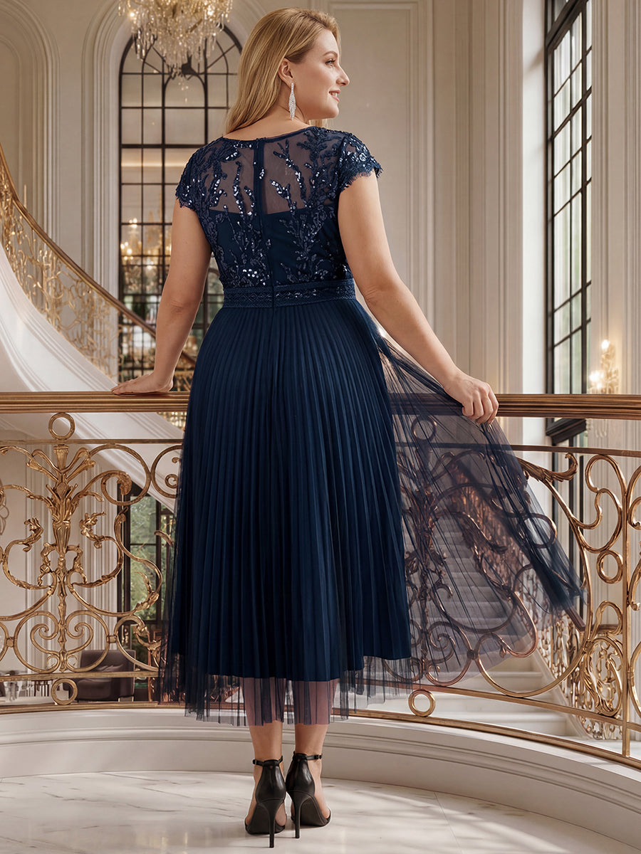 Tea L?nge Rundhals A Linie Pailletten Kleid Mit Sonnenstrahlen Falten Und Durchsichtigen Details Kleid #Farbe_Marineblau