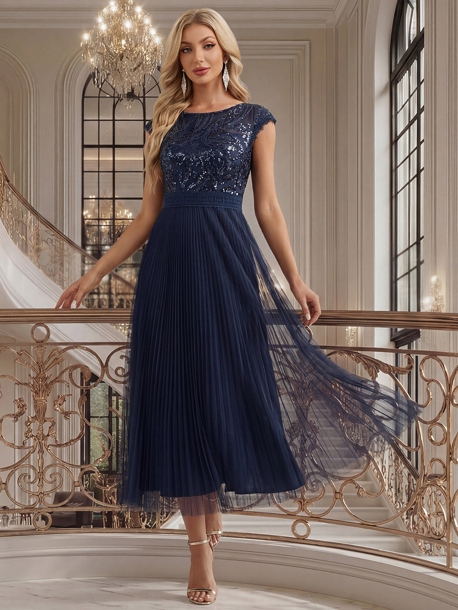 Tea L?nge Rundhals A Linie Pailletten Kleid Mit Sonnenstrahlen Falten Und Durchsichtigen Details Kleid #Farbe_Marineblau
