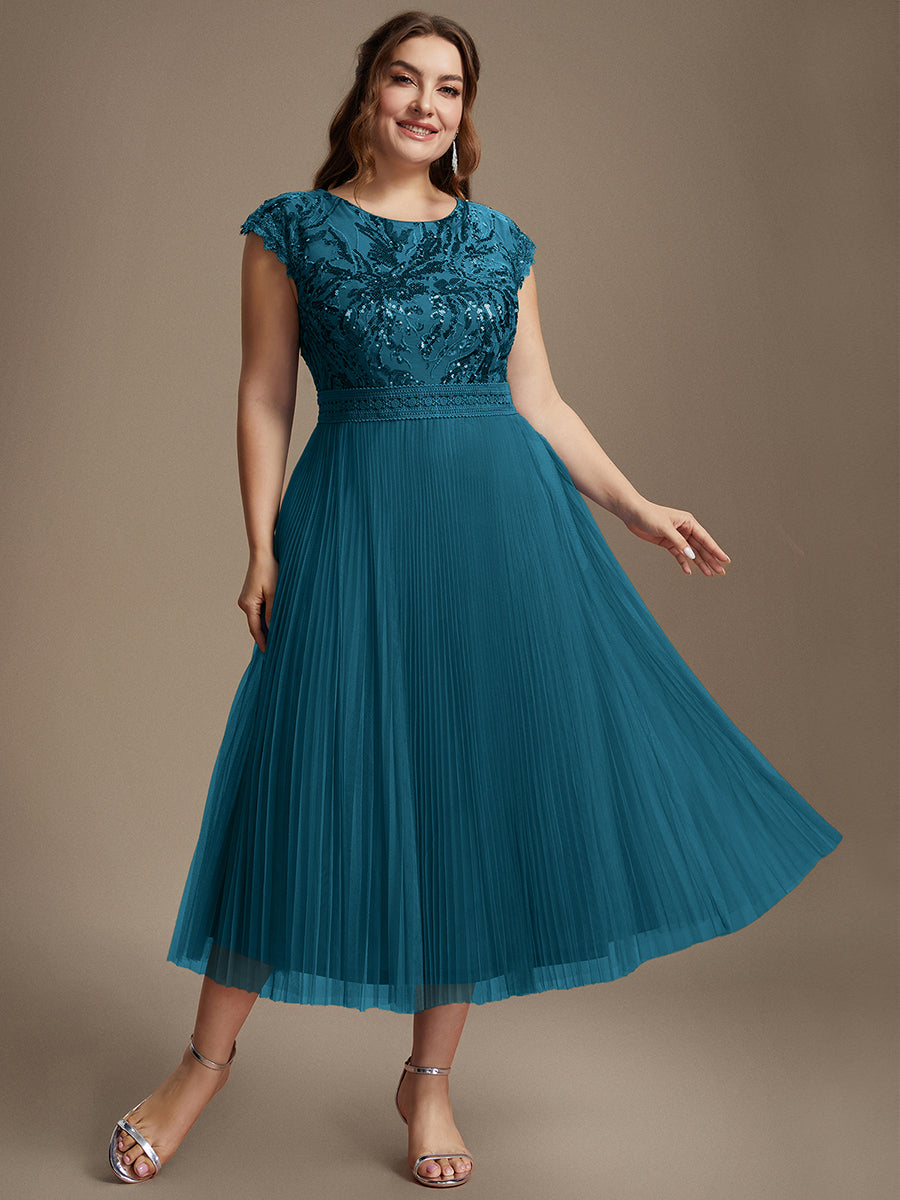 Tea L?nge Rundhals A Linie Pailletten Kleid Mit Sonnenstrahlen Falten Und Durchsichtigen Details Kleid #Farbe_Petrol