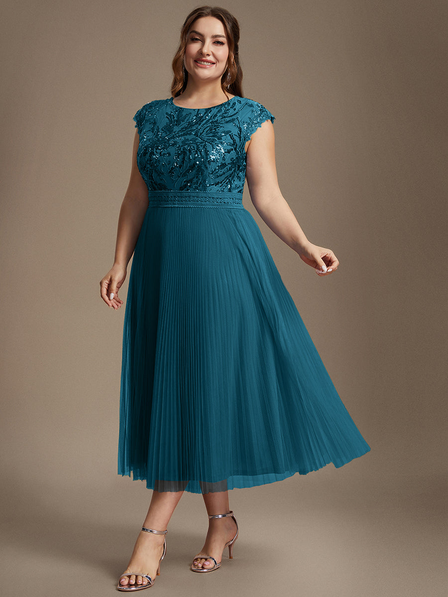 Tea L?nge Rundhals A Linie Pailletten Kleid Mit Sonnenstrahlen Falten Und Durchsichtigen Details Kleid #Farbe_Petrol