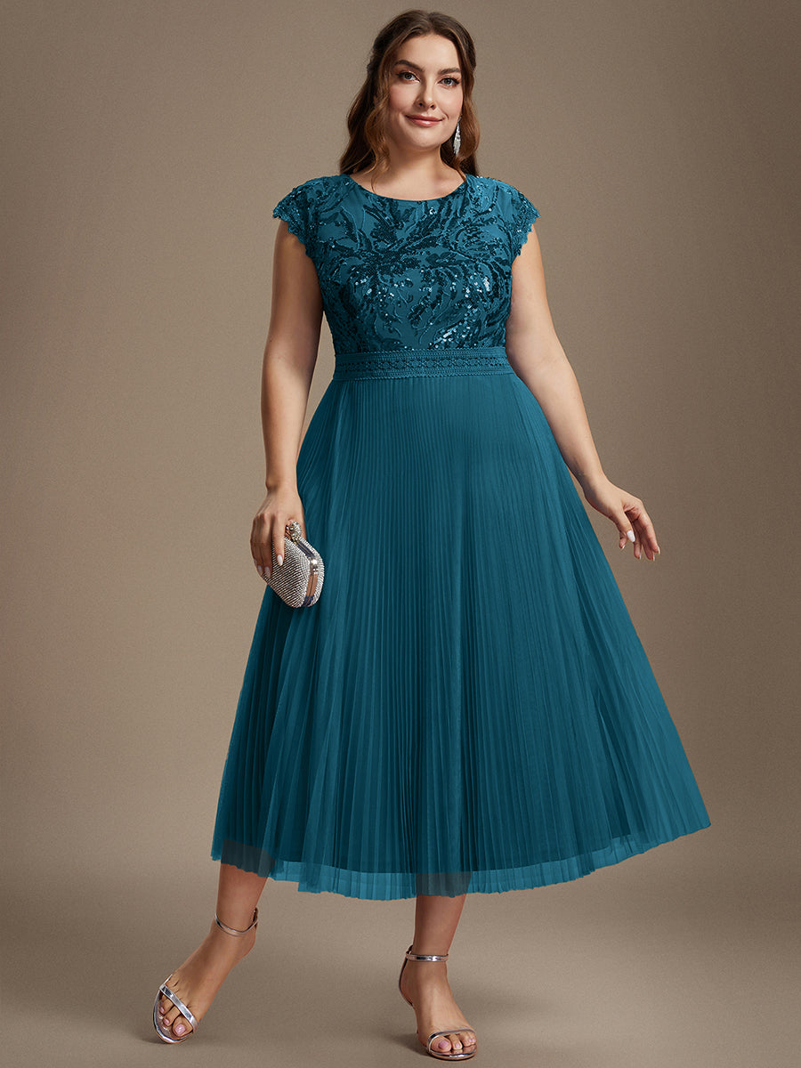 Tea L?nge Rundhals A Linie Pailletten Kleid Mit Sonnenstrahlen Falten Und Durchsichtigen Details Kleid #Farbe_Petrol