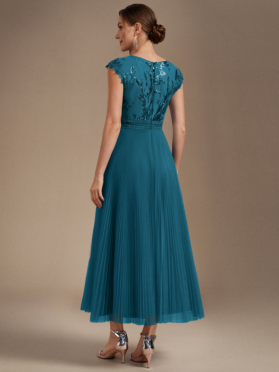 Tea L?nge Rundhals A Linie Pailletten Kleid Mit Sonnenstrahlen Falten Und Durchsichtigen Details Kleid #Farbe_Petrol