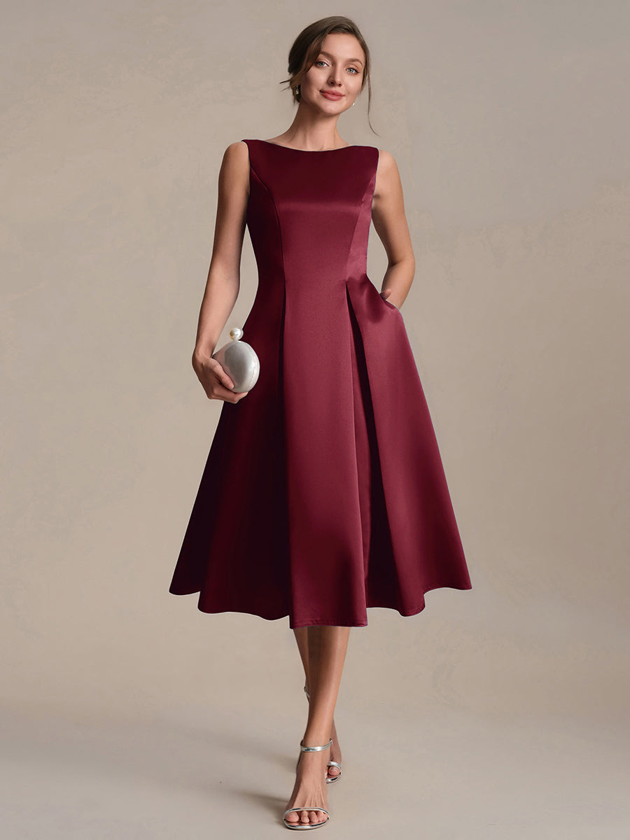 Satin Ärmellos Nicht elastisch hochzeitsgastkleid #Farbe_Burgunderrot
