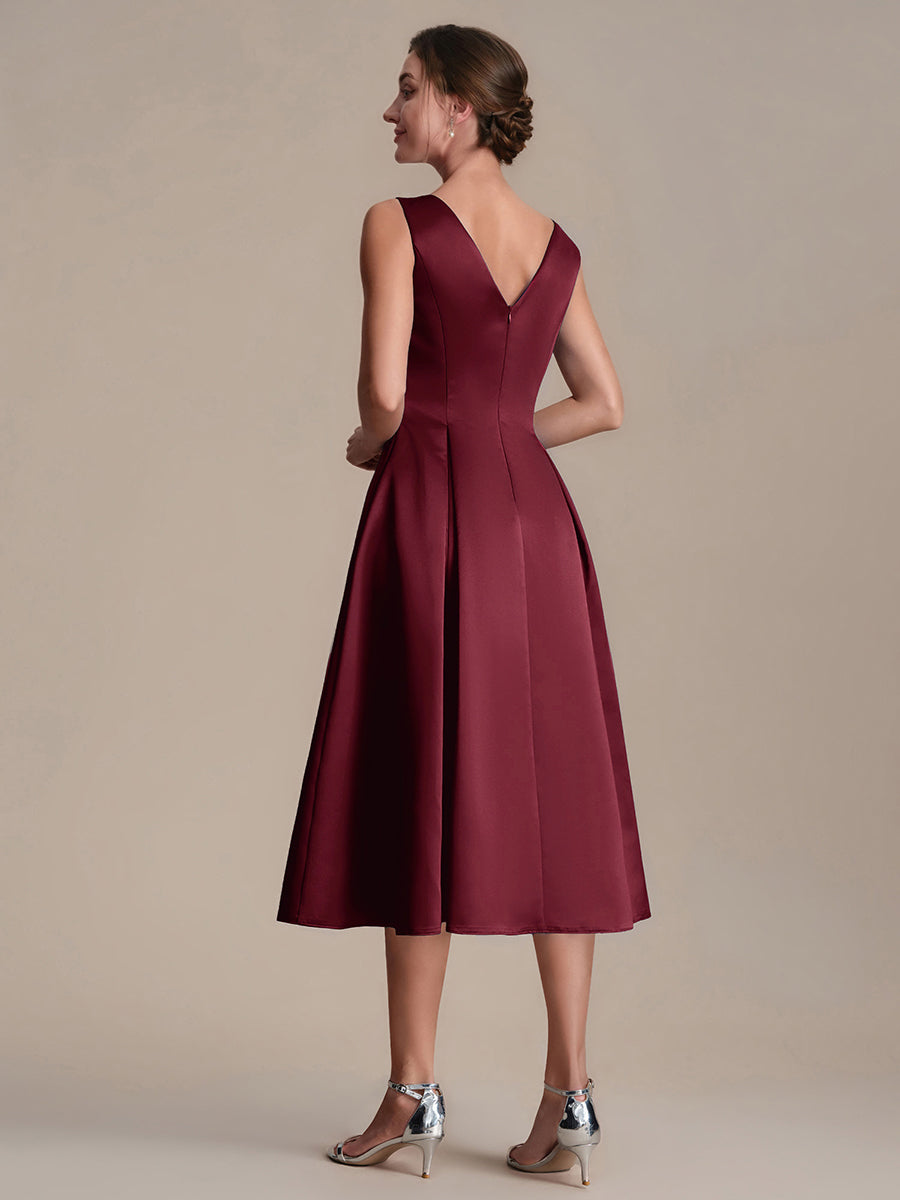 Satin Ärmellos Nicht elastisch hochzeitsgastkleid #Farbe_Burgunderrot