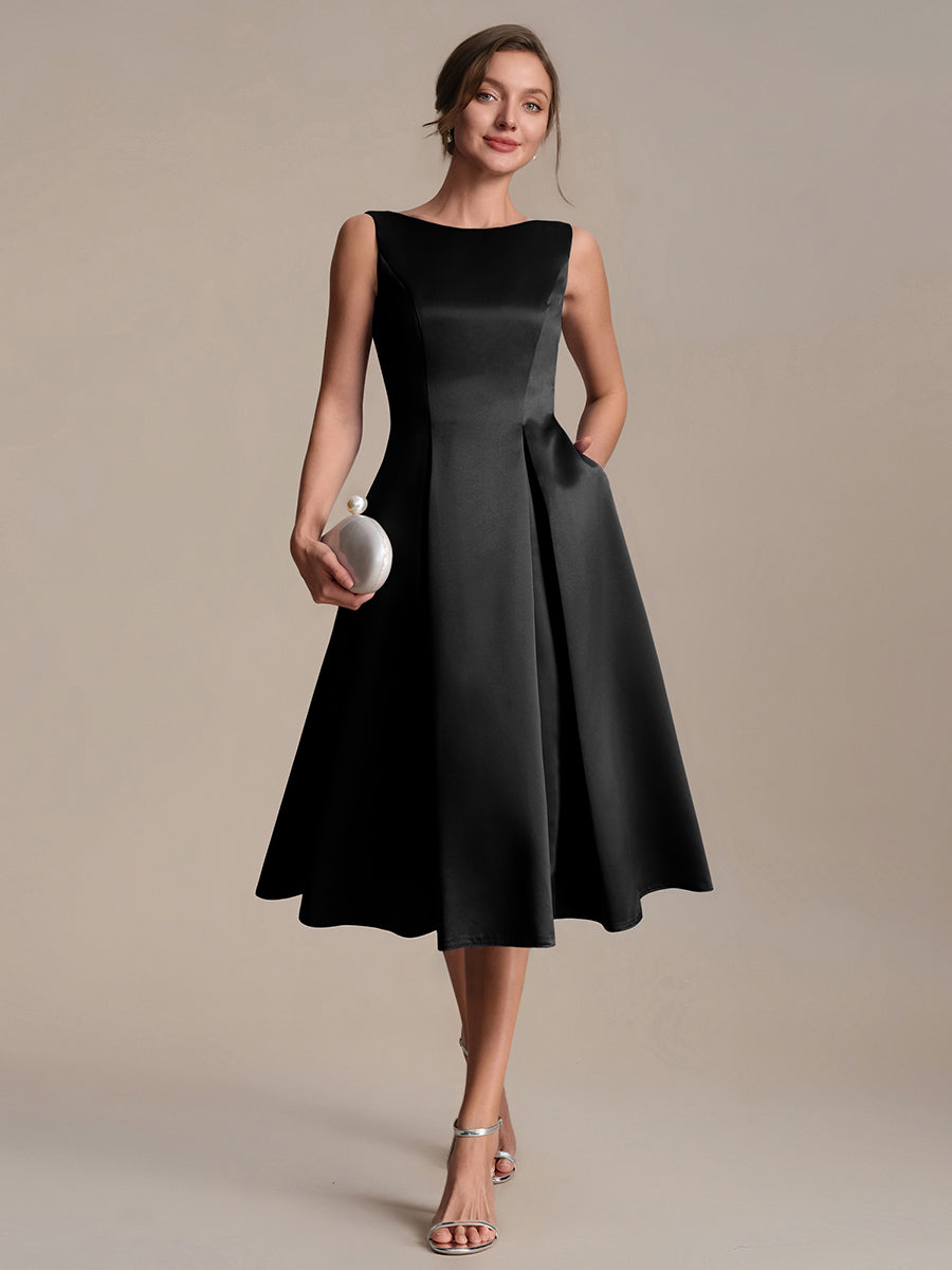 Satin Ärmellos Nicht elastisch hochzeitsgastkleid #Farbe_Schwarz