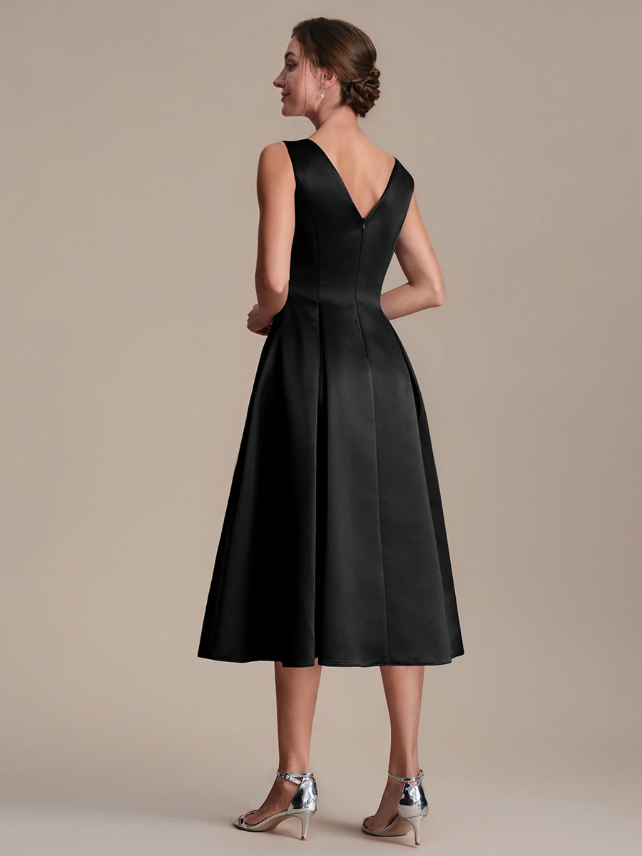 Satin Ärmellos Nicht elastisch hochzeitsgastkleid #Farbe_Schwarz