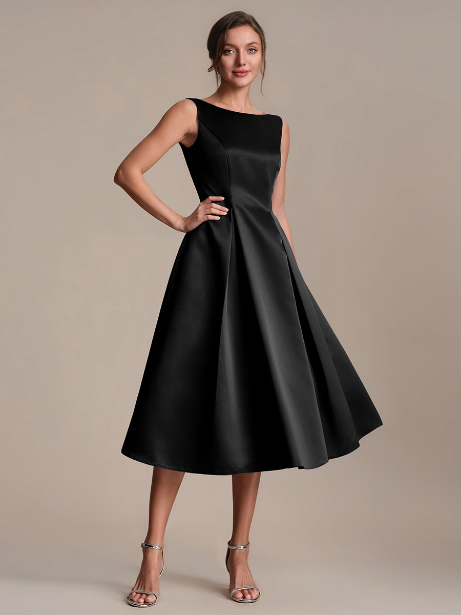 Satin Ärmellos Nicht elastisch hochzeitsgastkleid #Farbe_Schwarz