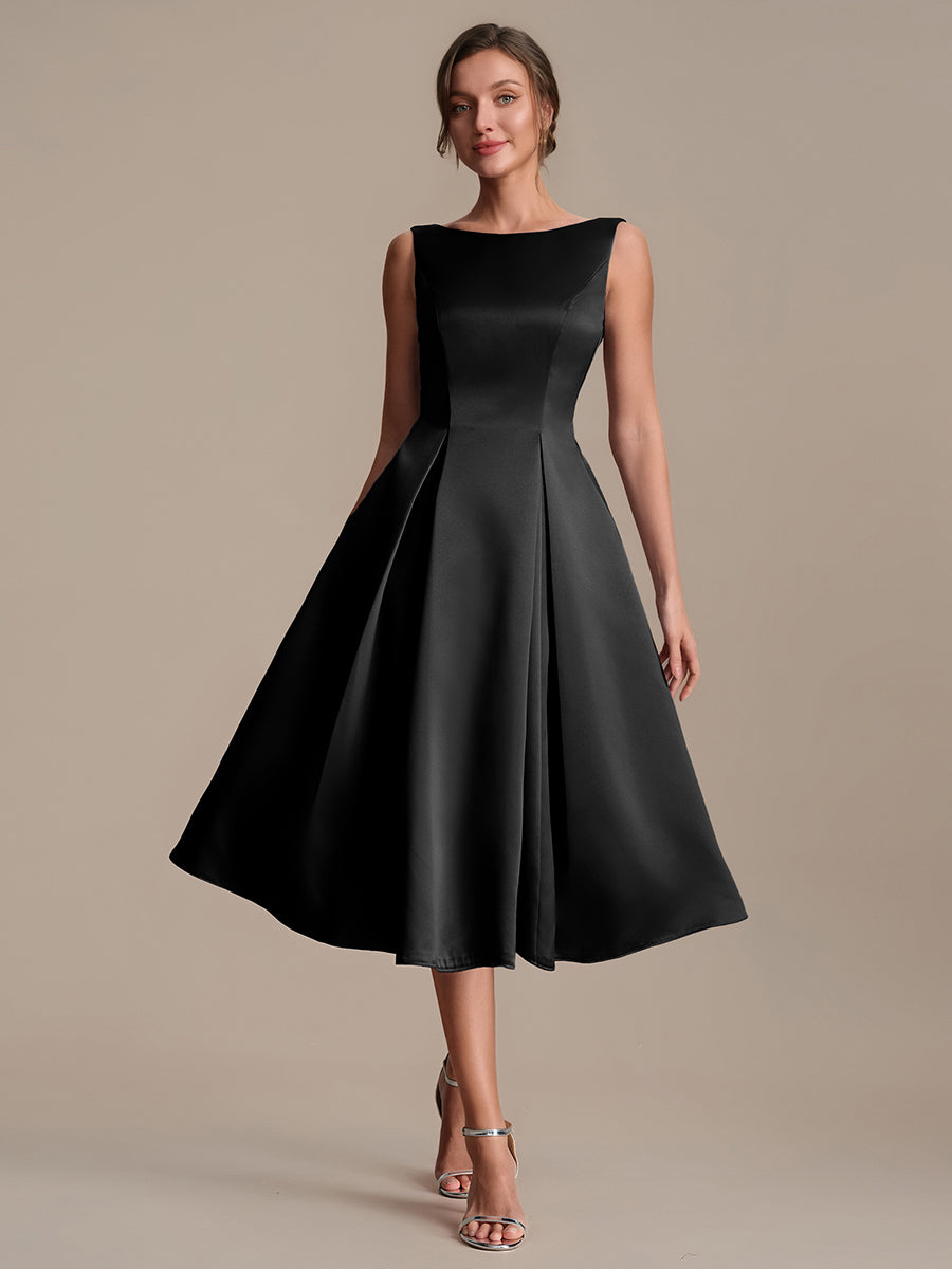 Satin Ärmellos Nicht elastisch hochzeitsgastkleid #Farbe_Schwarz