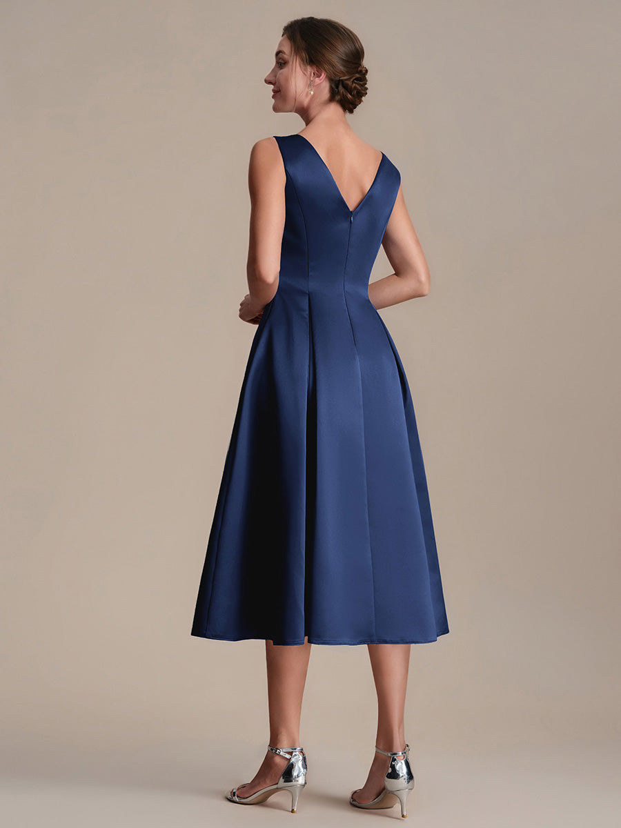 Satin Ärmellos Nicht elastisch hochzeitsgastkleid #Farbe_Marineblau