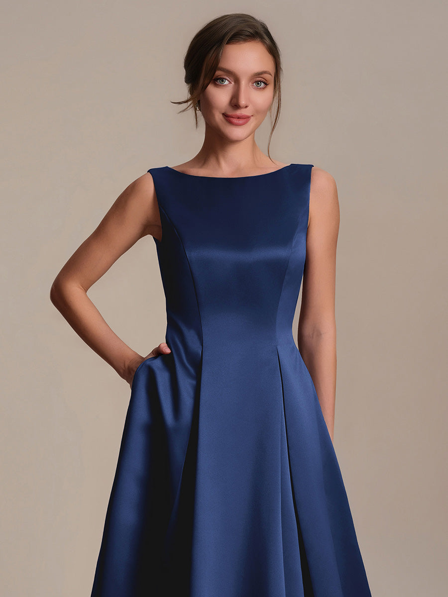 Satin Ärmellos Nicht elastisch hochzeitsgastkleid #Farbe_Marineblau